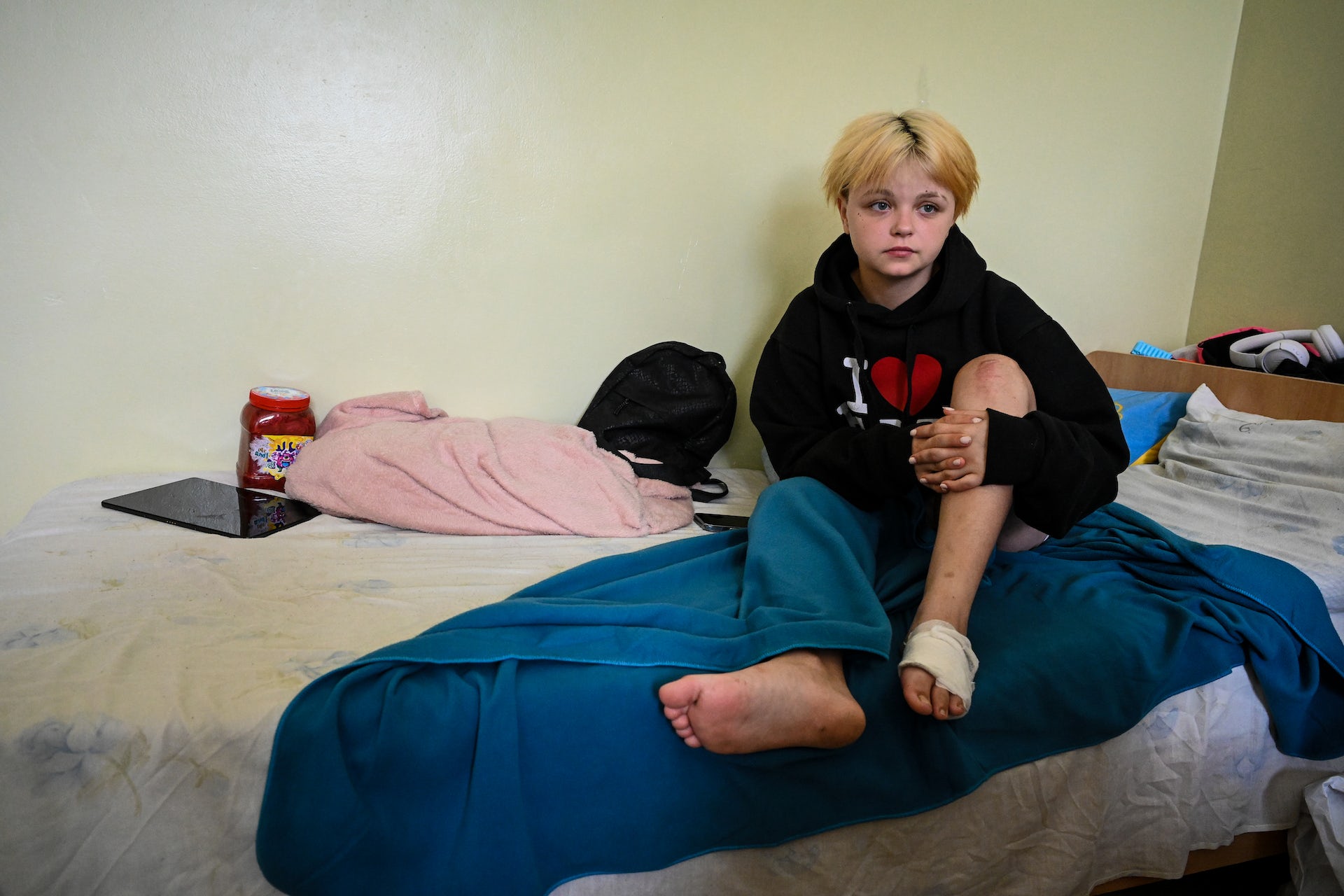 In Lviv, Ukraine, a 15-year-old girl recovers from injuries sustained in the war. Scott Peterson via Getty Images In Lviv, Ukraine, a 15-year-old girl recovers from injuries sustained in the war. Scott Peterson via Getty Images